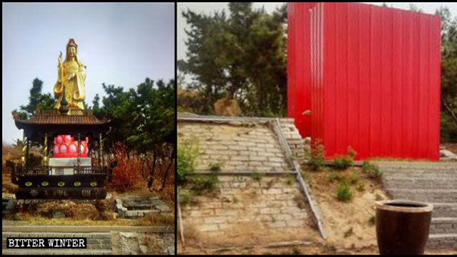 A Buddhist statue in Yuanming Temple was covered with red sheets of galvanized iron.