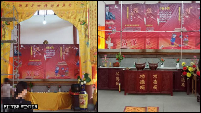 Buddhist statues are covered with propaganda posters