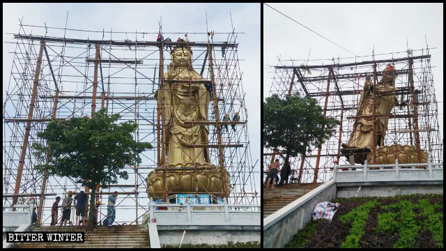 Guanyin statue Inside Qingguo Temple was being demolished