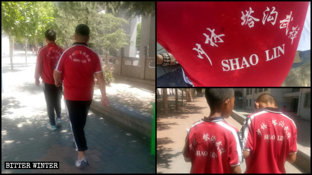 The Chinese character for “temple” on the backs of students’ uniforms